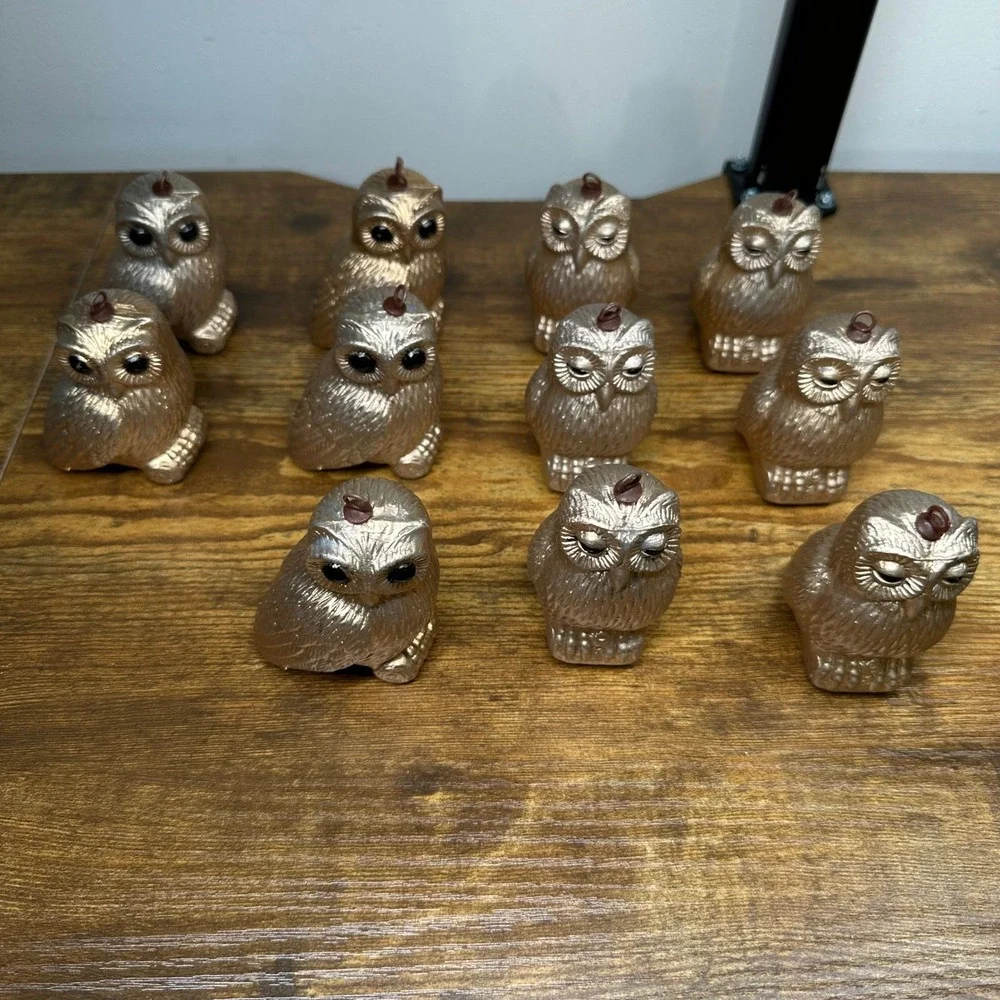 Vintage Gold Owl Light Covers Ornaments Set of 11 Retro Mid Century Decor